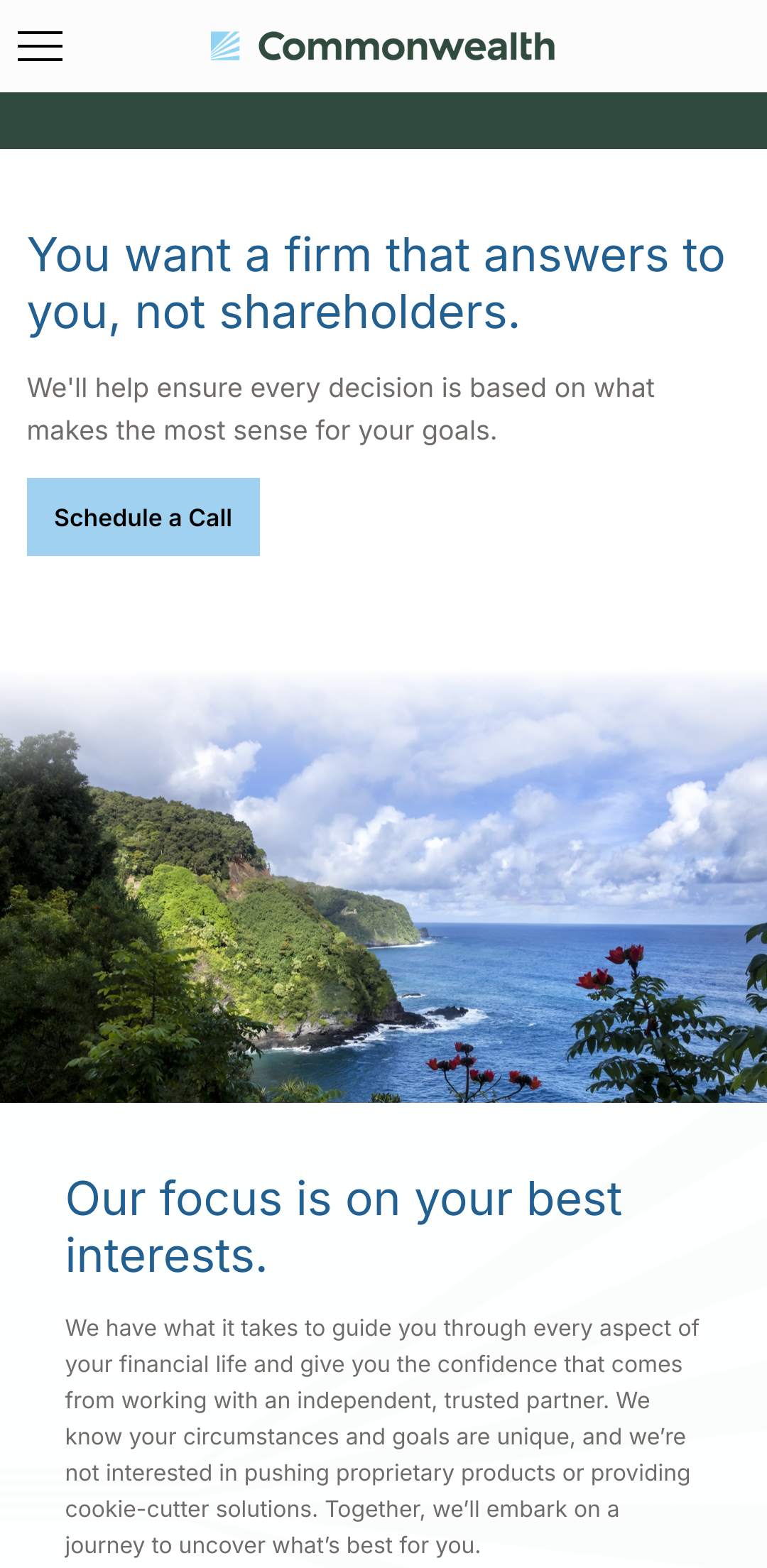 Mobile view of Commonwealth Financial Network Hawaii's home page.