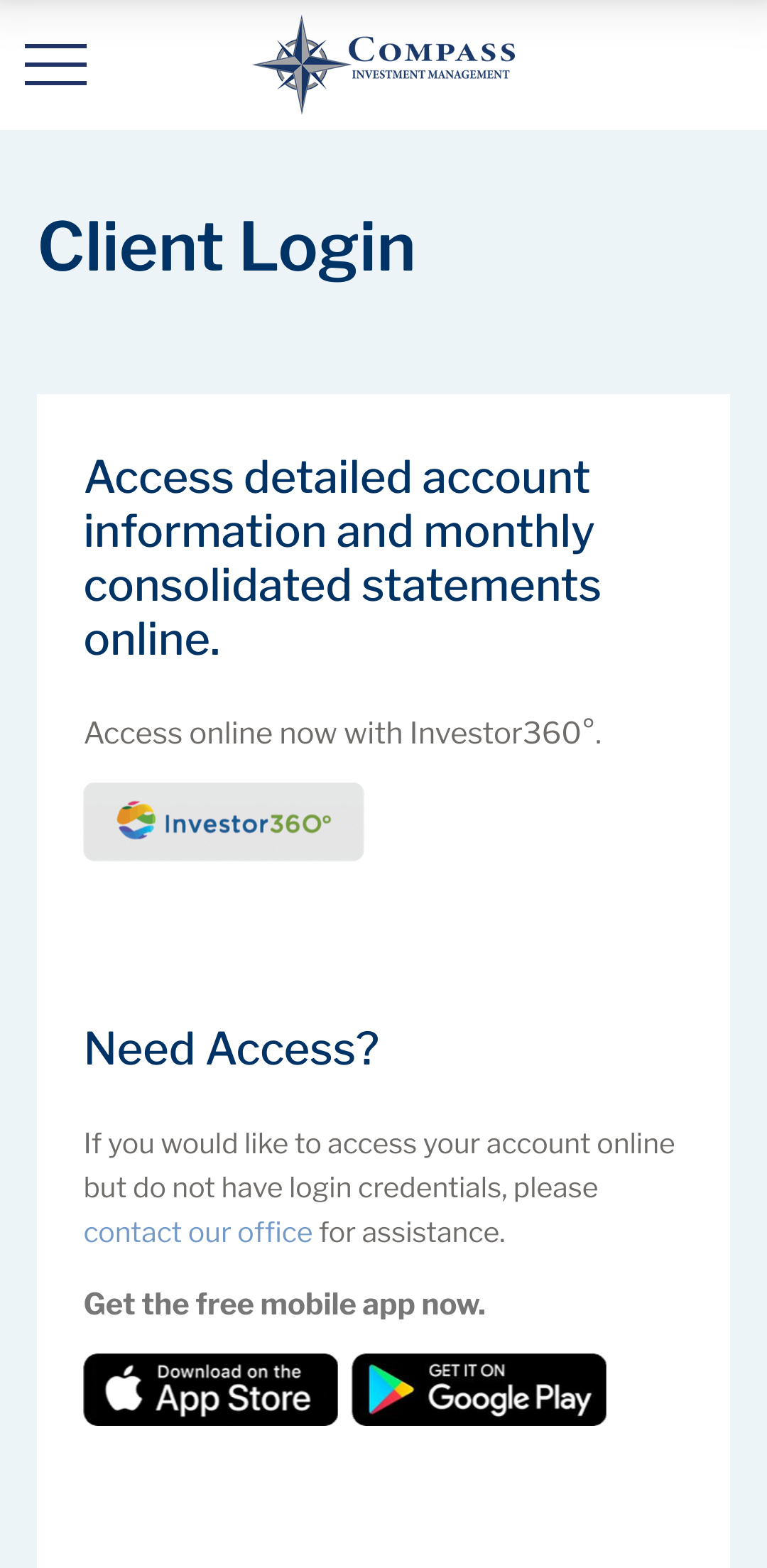 Compass Financial Management mobile client login page.