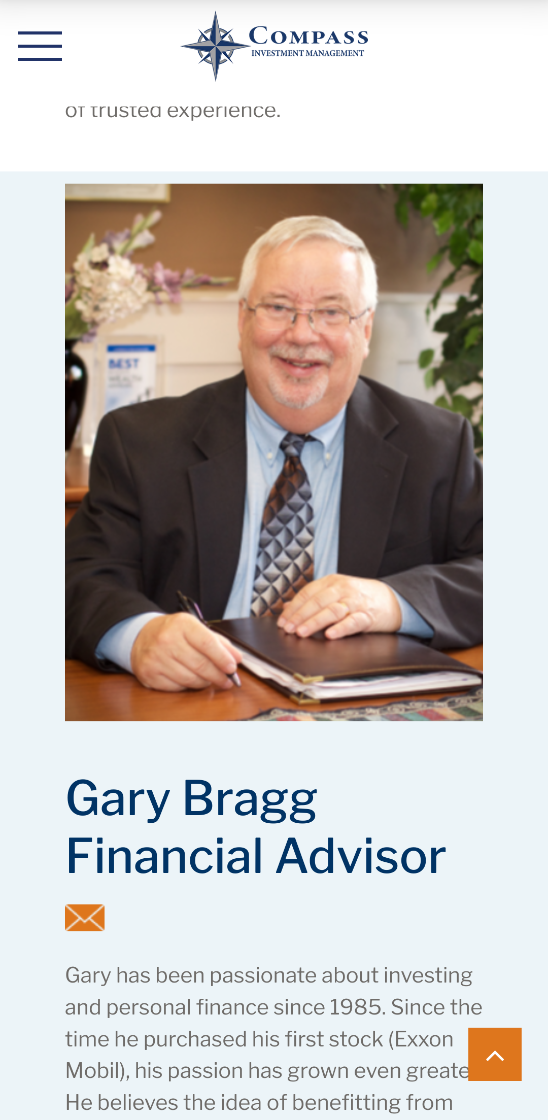 Compass Financial Management mobile team page highlighting Gary Bragg.
