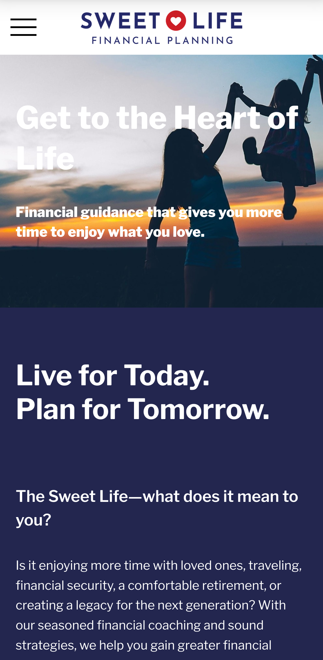 Mobile view of Sweet Life Financial Planning's home page.