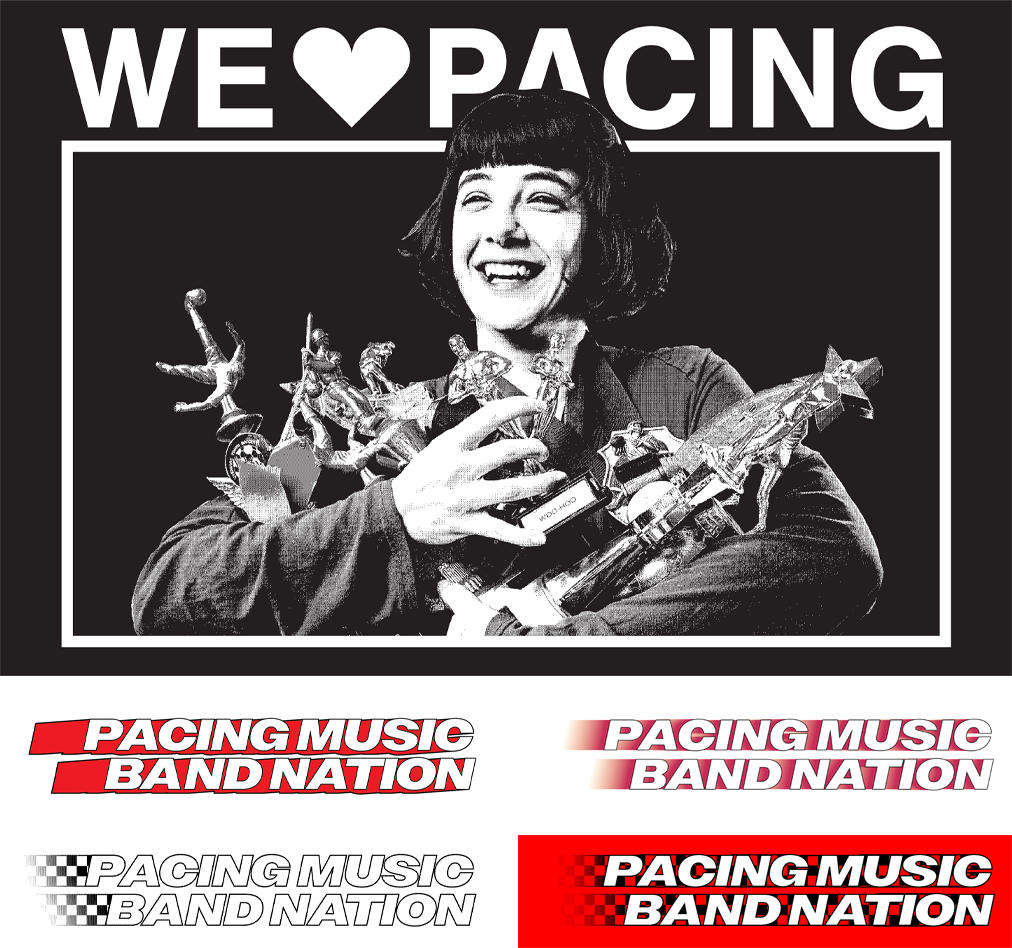 Katie McTigue holding multiple trophies with the text WE HEART PACING above her. Below that are multiple sticker designs that say PACING MUSIC BAND NATION.